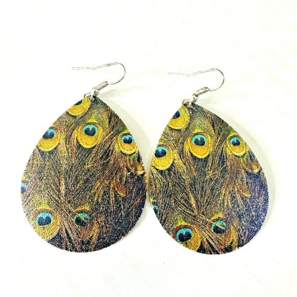 Unbranded Jewelry - VTG Metal Peacock Bird Feather Earrings Drop Dangle Fishhook Sparkle Teardrop 2”